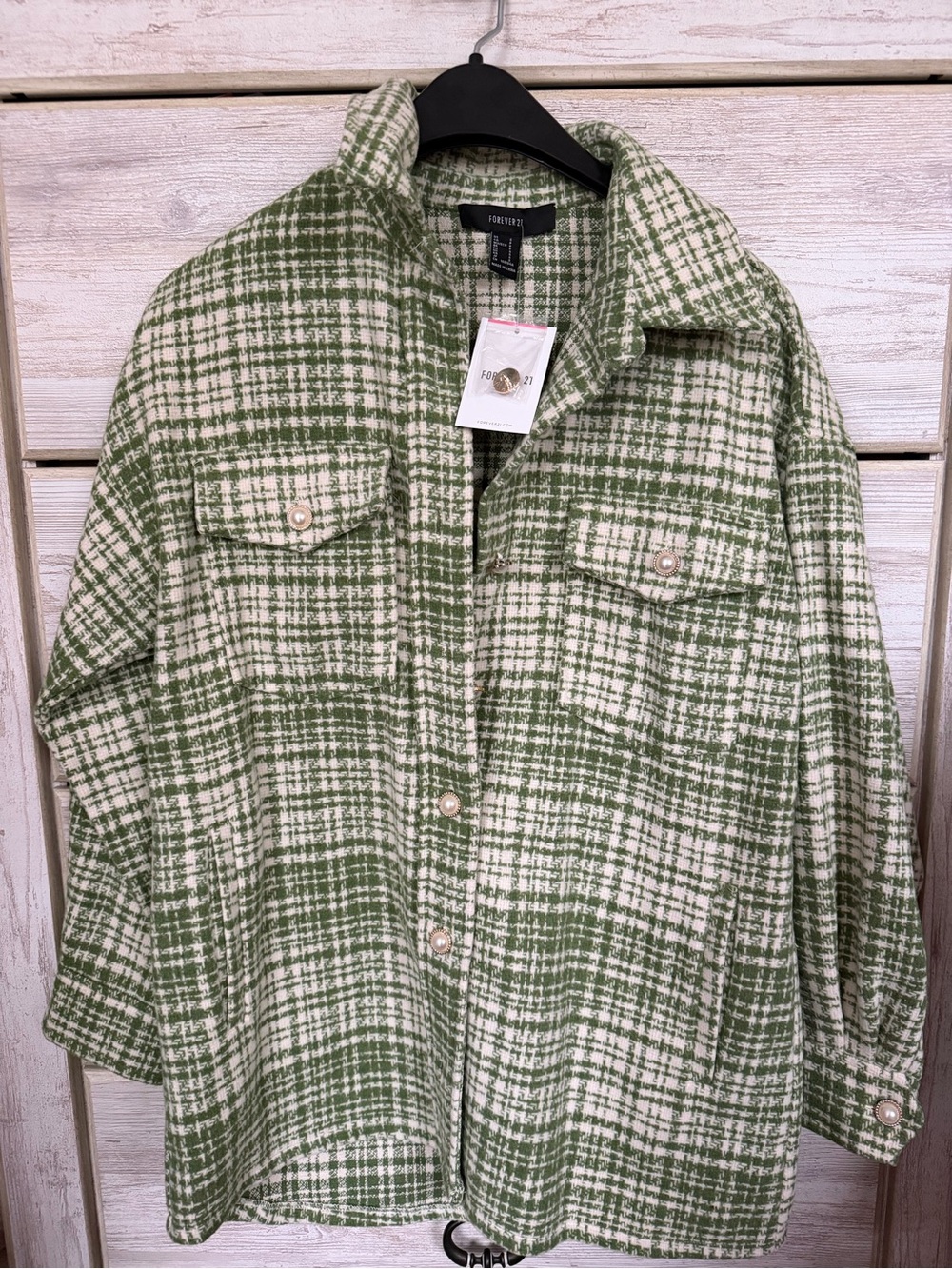 Forever 21 Green and Cream Plaid Utility Shacket